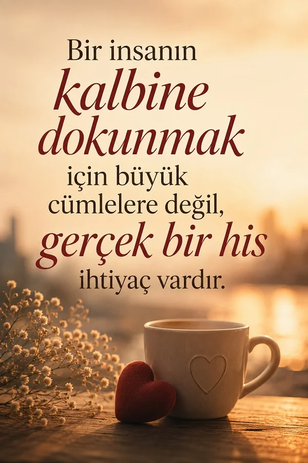 Kalp figürlü kahve kupası ve kırmızı kalp objesi yanında, gerçek bir hisle kalbe dokunmayı anlatan duygusal güzel söz.