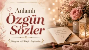 Defter, kalem, çiçek ve fener detaylarıyla hazırlanmış anlamlı özgün sözler kapak görseli.