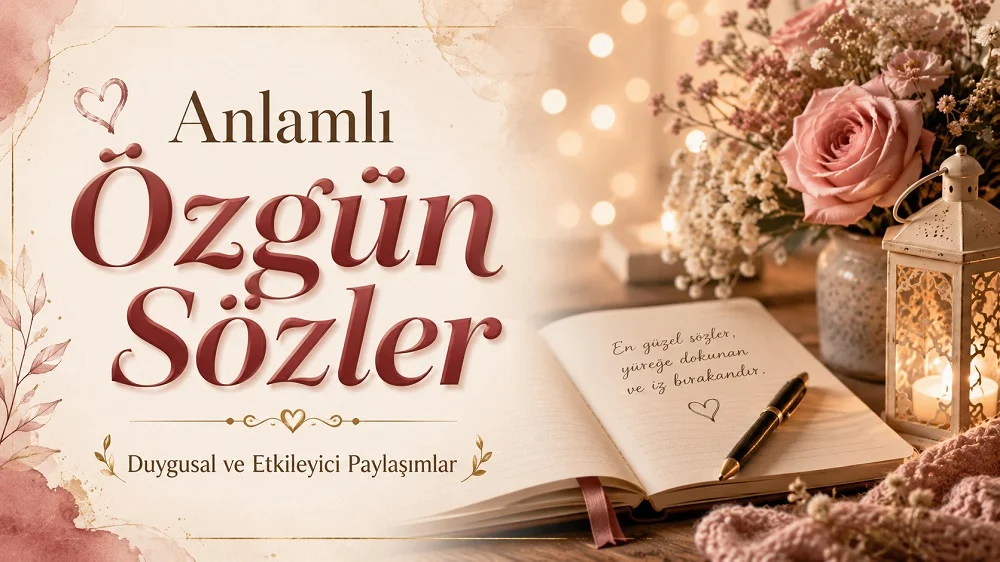 Defter, kalem, çiçek ve fener detaylarıyla hazırlanmış anlamlı özgün sözler kapak görseli.