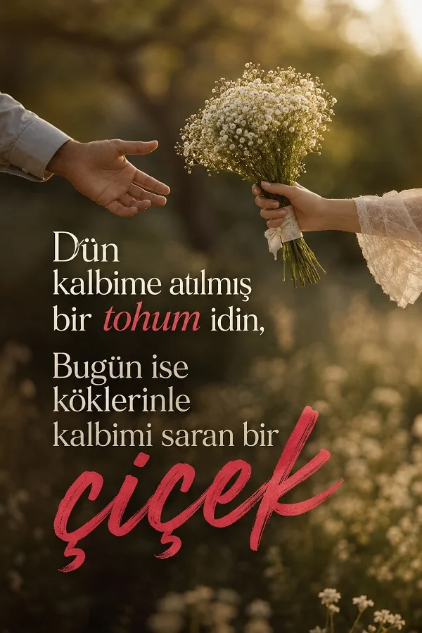 Gün ışığında uzanan iki el, beyaz çiçek buketi ve kalpte tohum gibi başlayıp çiçeğe dönüşen sevgiyi anlatan romantik söz.