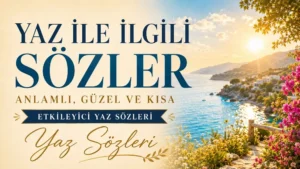 Yaz ile ilgili sözler başlıklı, güneşli deniz manzarası, sahil çiçekleri ve yaz atmosferiyle hazırlanmış anlamlı yaz sözleri kapak görseli.