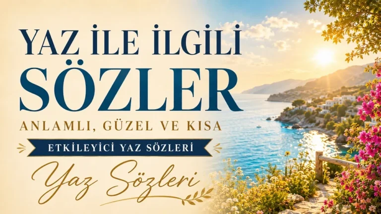 Yaz ile ilgili sözler başlıklı, güneşli deniz manzarası, sahil çiçekleri ve yaz atmosferiyle hazırlanmış anlamlı yaz sözleri kapak görseli.