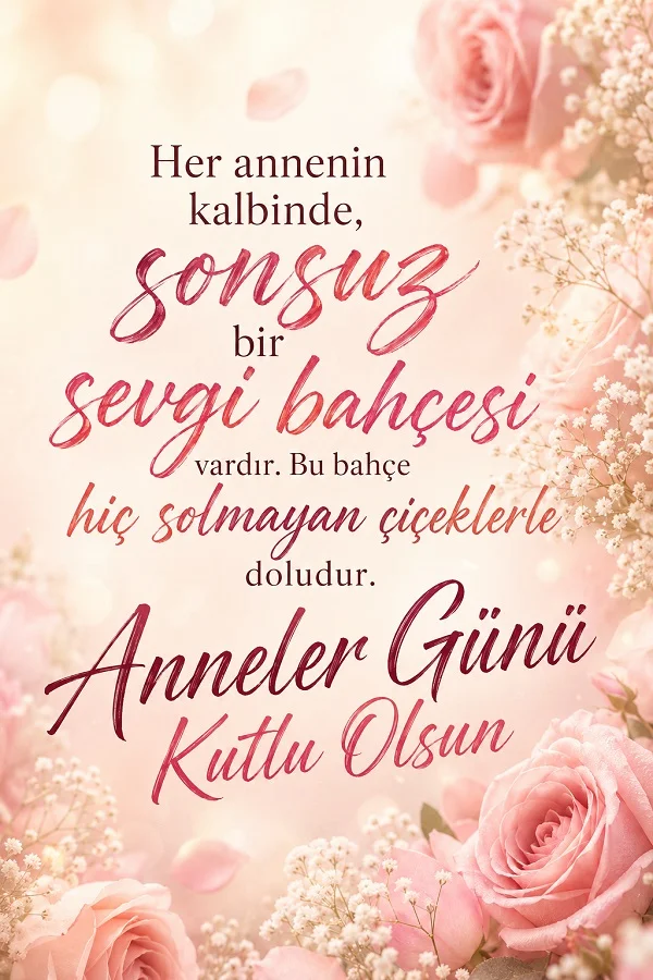 Pembe güller, beyaz zarif çiçekler ve açık tonlu romantik bir arka plan üzerinde “Her annenin kalbinde, sonsuz bir sevgi bahçesi vardır. Bu bahçe hiç solmayan çiçeklerle doludur. Anneler Günü Kutlu Olsun” yazısı yer alıyor.