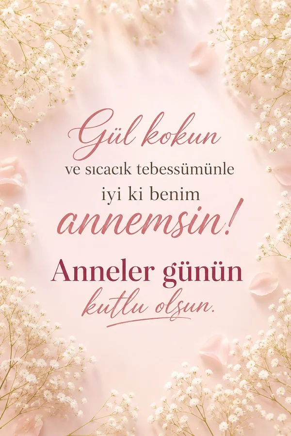 Açık pembe çiçekli arka plan üzerinde “Gül kokun ve sıcacık tebessümünle iyi ki benim annemsin! Anneler günün kutlu olsun.” yazısının yer aldığı zarif Anneler Günü tasarımı.