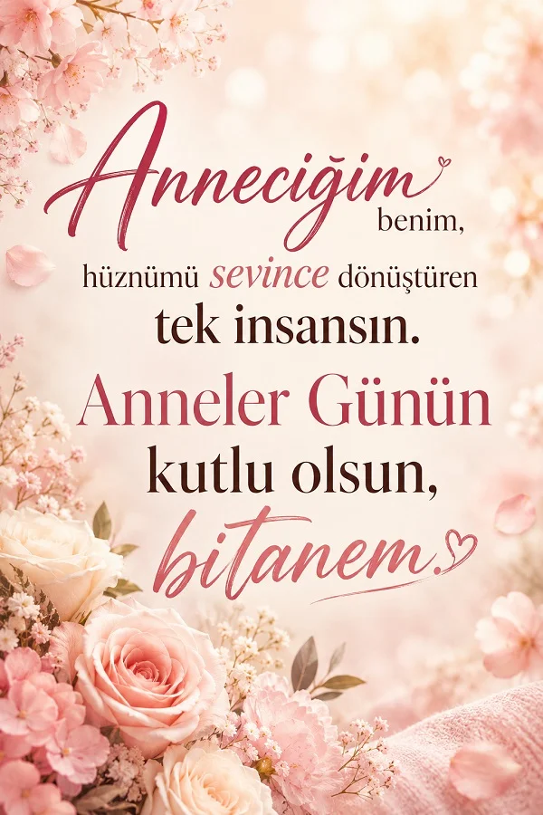 Pembe çiçeklerle çevrili açık renk fonda “Anneciğim benim, hüznümü sevince dönüştüren tek insansın. Anneler Günün kutlu olsun, bitanem.” yazısının bulunduğu Anneler Günü mesaj tasarımı.
