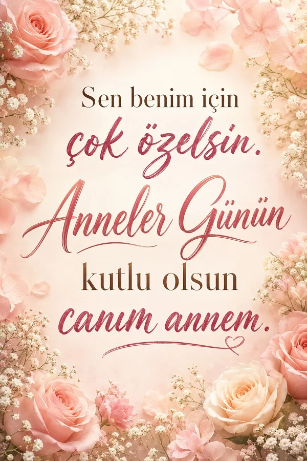 Pembe güller ve beyaz çiçeklerle süslü fonda “Sen benim için çok özelsin. Anneler Günün kutlu olsun canım annem.” yazısının yer aldığı duygusal Anneler Günü tasarımı.