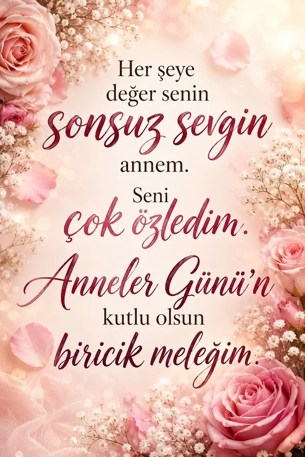 Pembe güller ve çiçeklerle çevrili açık fonda “Her şeye değer senin sonsuz sevgin annem. Seni çok özledim. Anneler Günü’n kutlu olsun biricik meleğim.” yazısının bulunduğu Anneler Günü mesaj tasarımı.