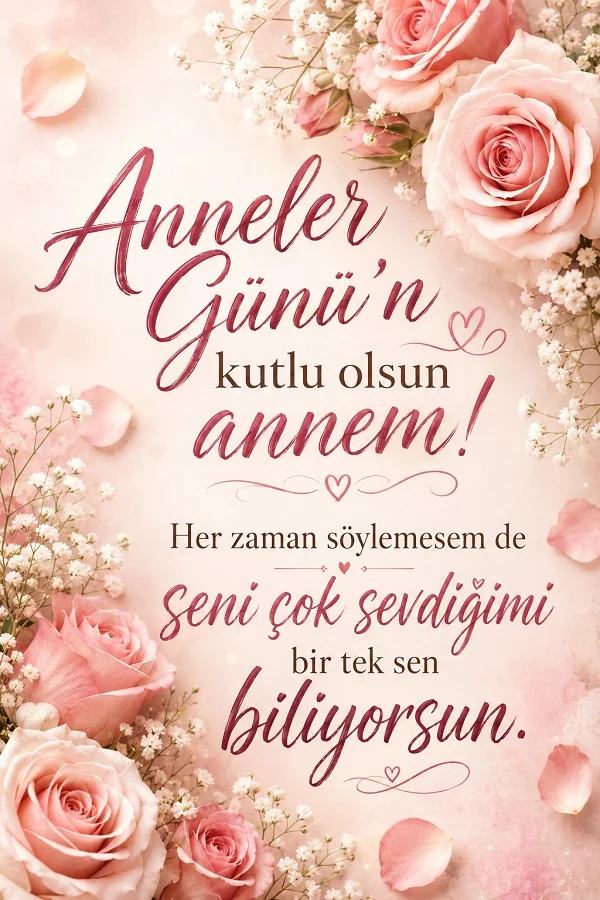 Pembe güller ve beyaz çiçeklerle bezeli fonda “Anneler Günü’n kutlu olsun annem! Her zaman söylemesem de seni çok sevdiğimi bir tek sen biliyorsun.” yazısının yer aldığı zarif kutlama tasarımı.