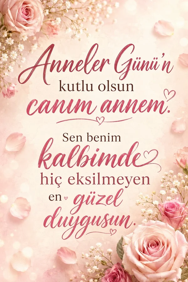 Pembe güller, yapraklar ve açık tonlu çiçekli fonda “Anneler Günü’n kutlu olsun canım annem. Sen benim kalbimde hiç eksilmeyen en güzel duygusun.” yazısının bulunduğu duygusal Anneler Günü tasarımı.