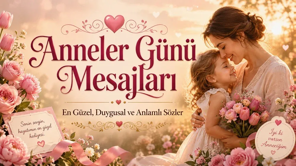 Pembe çiçeklerle süslenmiş sıcak bir bahçe atmosferinde, birbirine sevgiyle sarılan anne ve çocuk ile “Anneler Günü Mesajları” başlığı ve “En Güzel, Duygusal ve Anlamlı Sözler” alt yazısı bulunan 16:9 kapak görseli.