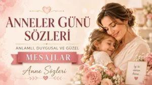 Anneler Günü sözleri başlıklı, çocuğuna sarılan anne figürü, pembe çiçekler ve yumuşak pastel tonlarla hazırlanmış duygusal Anneler Günü mesajları kapak görseli.