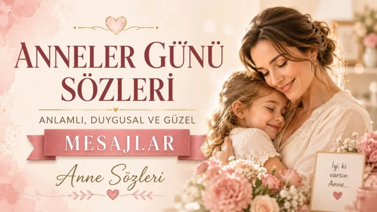 Anneler Günü sözleri başlıklı, çocuğuna sarılan anne figürü, pembe çiçekler ve yumuşak pastel tonlarla hazırlanmış duygusal Anneler Günü mesajları kapak görseli.