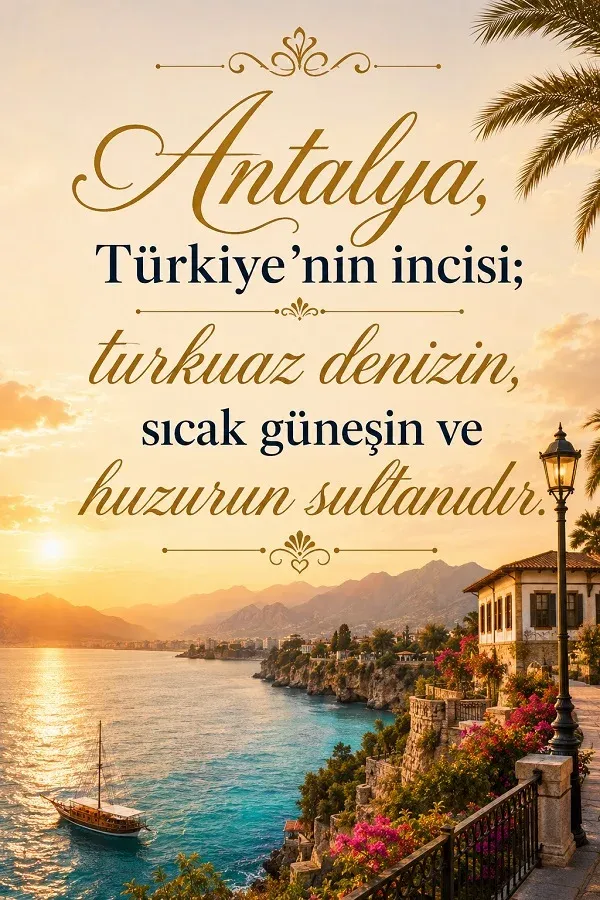 Gün batımında Antalya sahili ve deniz manzarası eşliğinde anlamlı Antalya sözü