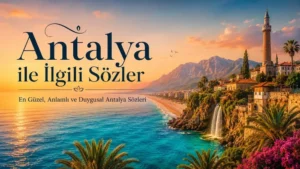 Antalya ile İlgili Sözler başlıklı, turkuaz deniz, gün batımı, palmiyeler, tarihi minare, sahil ve şelale detayları bulunan kapak görseli.