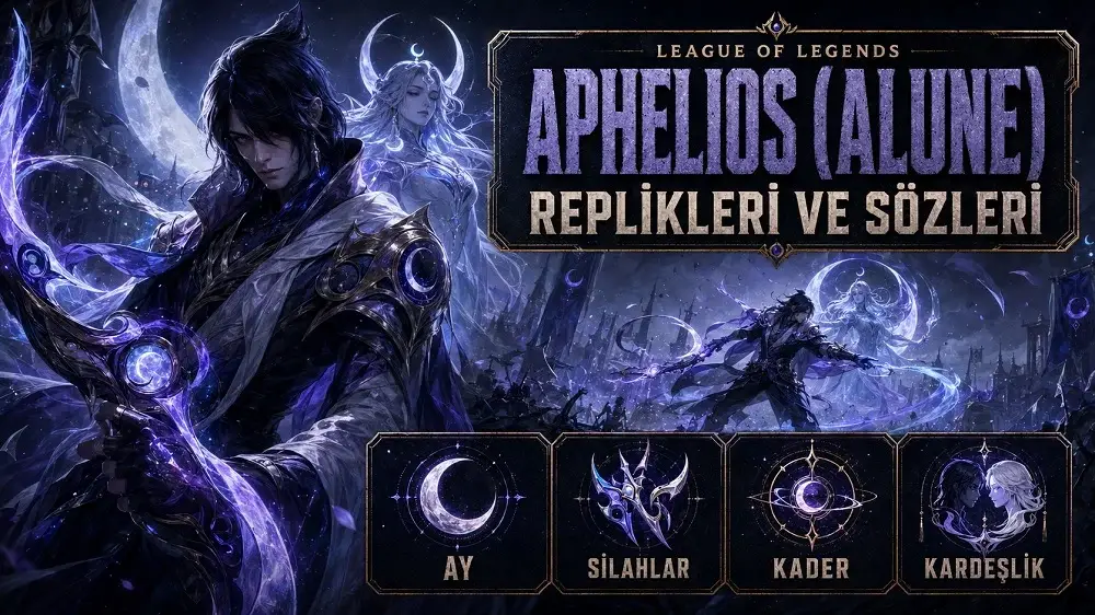 Aphelios Alune replikleri ve sözleri başlıklı kapak görselinde, ay ışığı altında Aphelios ve ruhani Alune mor ve mavi tonlarda mistik bir atmosfer içinde gösteriliyor.