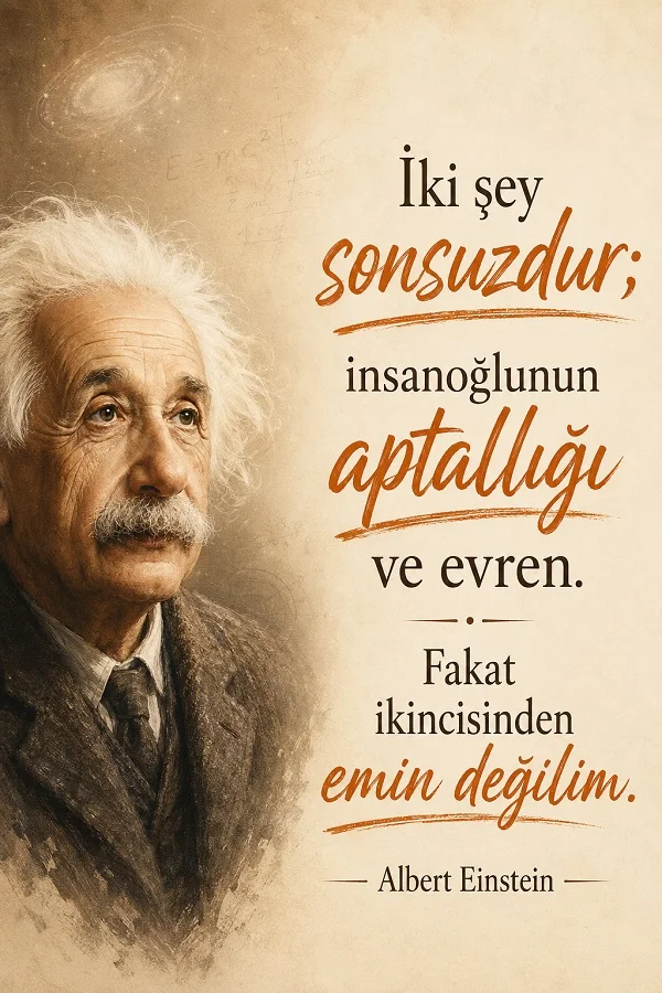 Sol tarafta yaşlı bir bilim insanı portresi bulunan görselde “İki şey sonsuzdur; insanoğlunun aptallığı ve evren. Fakat ikincisinden emin değilim.” sözü ve altında “Albert Einstein” imzası yer alıyor.