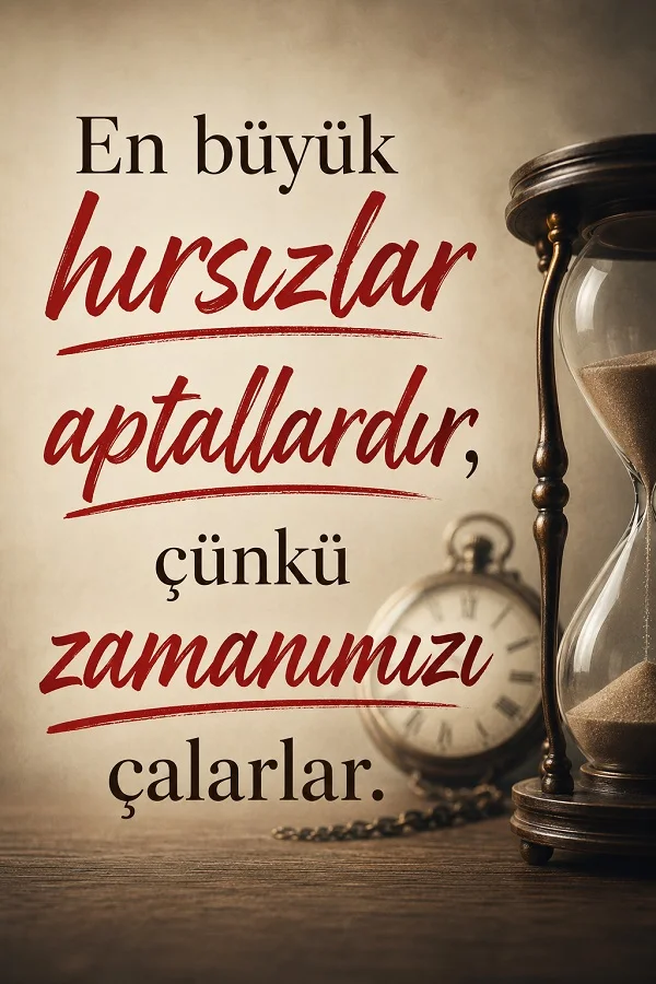 Sağ tarafta kum saati ve arka planda saat bulunan görselde “En büyük hırsızlar aptallardır, çünkü zamanımızı çalarlar.” sözü yazıyor.