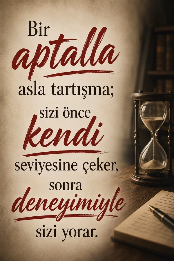Sağ tarafta kum saati, defter ve kalem bulunan görselde “Bir aptalla asla tartışma; sizi önce kendi seviyesine çeker, sonra deneyimiyle sizi yorar.” sözü yer alıyor.