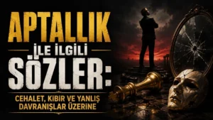 Koyu dramatik tonlarda hazırlanmış kapak görselinde, “Aptallık ile İlgili Sözler” başlığı, kırık ayna, düşmüş satranç taşı, maske ve kibri temsil eden figür detayları yer alıyor.