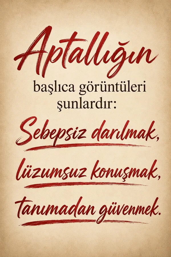 Açık renk sade zemin üzerine “Aptallığın başlıca görüntüleri şunlardır: Sebepsiz darılmak, lüzumsuz konuşmak, tanımadan güvenmek.” sözünün yazıldığı tipografik görsel.