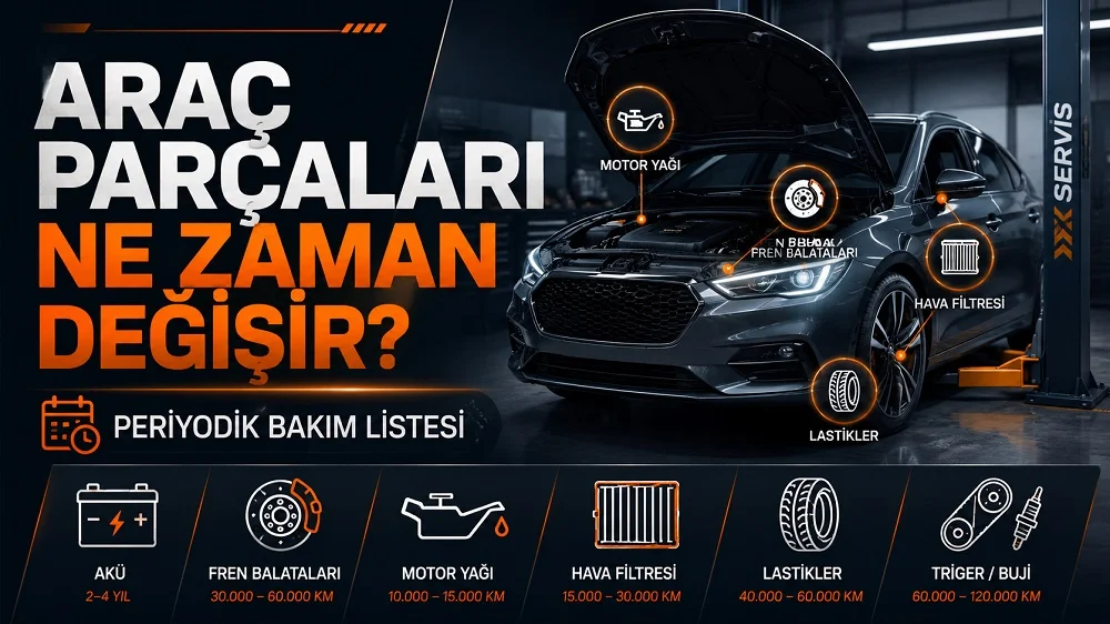 Servis ortamında kaputu açık araç, bakım ikonları, akü, fren balatası, motor yağı, hava filtresi ve lastik detaylarıyla hazırlanmış “Araç Parçaları Ne Zaman Değişir? Periyodik Bakım Listesi” başlıklı modern kapak görseli.