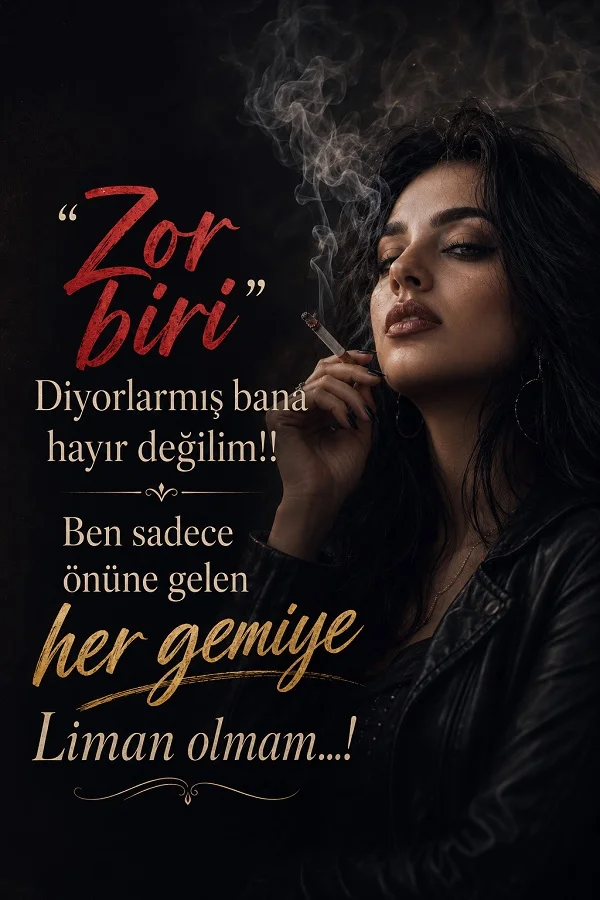 Karanlık fonda sigara tutan kadın ve “Zor biri diyorlarmış bana hayır değilim!! Ben sadece önüne gelen her gemiye liman olmam...!” sözü.