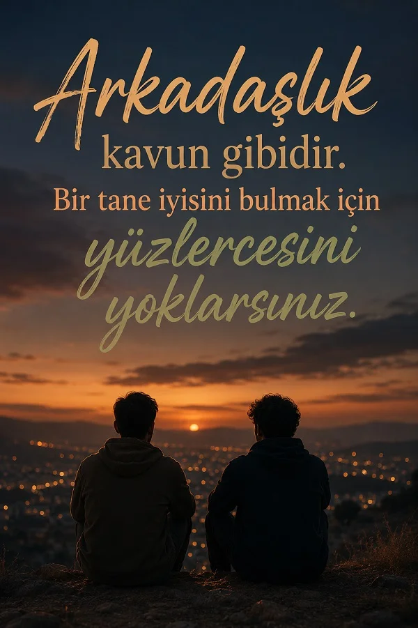 Gün batımında yan yana oturan iki arkadaş ve “Arkadaşlık kavun gibidir. Bir tane iyisini bulmak için yüzlercesini yoklarsınız.” sözü.