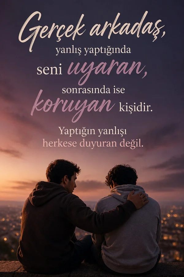 Akşam manzarasında yan yana oturan iki arkadaş ve “Gerçek arkadaş, yanlış yaptığında seni uyaran, sonrasında ise koruyan kişidir. Yaptığın yanlışı herkese duyuran değil.” sözü.