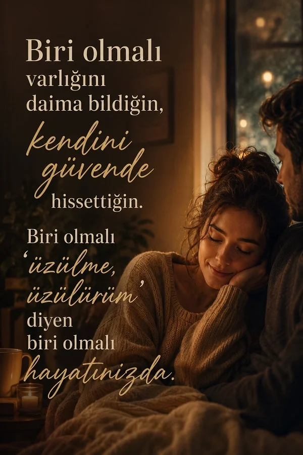Loş ışıklı ev ortamında birbirine yakın oturan çift ve “Biri olmalı varlığını daima bildiğin, kendini güvende hissettiğin...” diye başlayan söz.