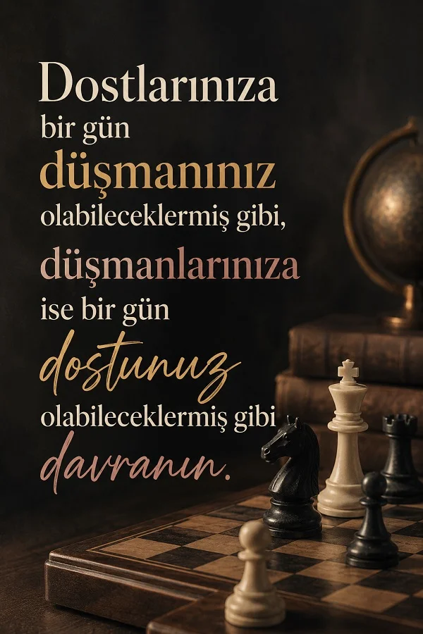 Satranç tahtası üzerindeki taşlar ve “Dostlarınıza bir gün düşmanınız olabileceklermiş gibi, düşmanlarınıza ise bir gün dostunuz olabileceklermiş gibi davranın.” sözü.