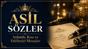 Asil sözler başlıklı, lacivert ve altın tonlarda tasarlanmış; taç, dolma kalem, klasik kitaplar ve zarif yazı detayları içeren şık kapak görseli.