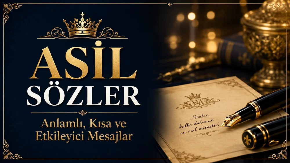 Asil sözler başlıklı, lacivert ve altın tonlarda tasarlanmış; taç, dolma kalem, klasik kitaplar ve zarif yazı detayları içeren şık kapak görseli.