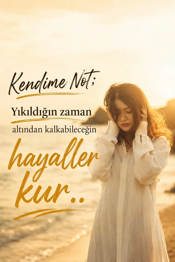 Gün batımında sahilde duran genç bir kadının yer aldığı görselde “Kendime Not: Yıkıldığın zaman altından kalkabileceğin hayaller kur..” sözü yazıyor.