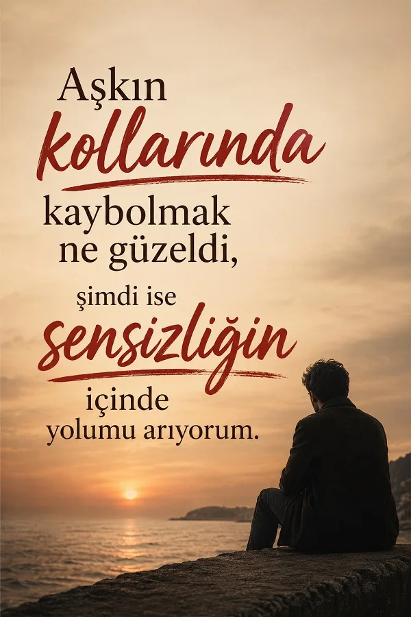 Deniz kıyısında gün batımına karşı oturan yalnız bir adamın bulunduğu görselde “Aşkın kollarında kaybolmak ne güzeldi, şimdi ise sensizliğin içinde yolumu arıyorum.” sözü yer alıyor.