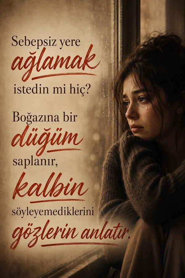 Yağmurlu pencere kenarında hüzünlü şekilde bakan genç bir kadının bulunduğu görselde “Sebepsiz yere ağlamak istedin mi hiç? Boğazına bir düğüm saplanır, kalbin söyleyemediklerini gözlerin anlatır.” sözü yazıyor.