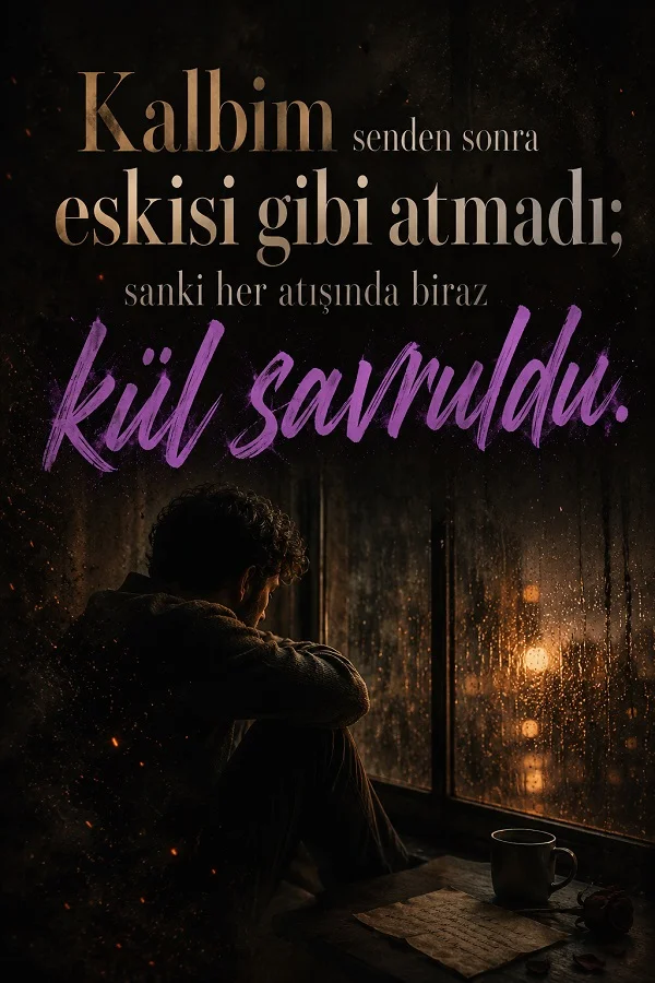 Yağmurlu pencere kenarında oturan hüzünlü adam ve ayrılıktan sonra kalbin her atışında biraz kül savrulduğunu anlatan söz.