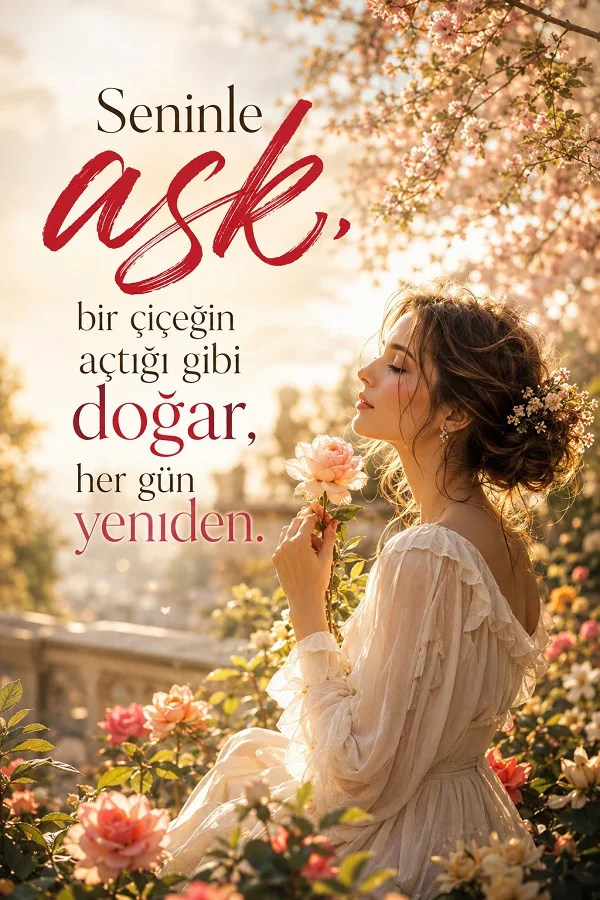 Çiçeklerle dolu aydınlık bir bahçede beyaz elbiseli bir kadın elinde pembe bir gül tutuyor. Görselde “Seninle aşk, bir çiçeğin açtığı gibi doğar, her gün yeniden” sözü bulunuyor.