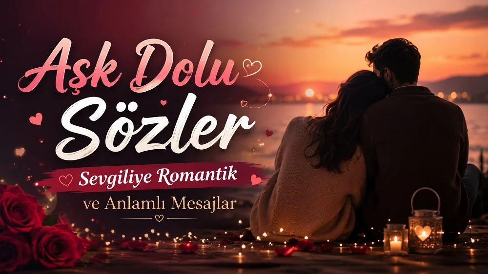 Gün batımında göl kenarında oturan romantik bir çiftin yanında mumlar, kırmızı güller ve kalp detayları bulunuyor; görselde “Aşk Dolu Sözler Sevgiliye Romantik ve Anlamlı Mesajlar” yazısı yer alıyor.