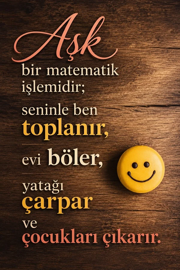 Ahşap zemin üzerinde sağ tarafta sarı gülen yüz objesi bulunan görselde “Aşk bir matematik işlemidir; seninle ben toplanır, evi böler, yatağı çarpar ve çocukları çıkarır.” sözü yer alıyor.