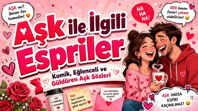 Pembe tonlarda hazırlanmış kapak görselinde, gülen çift illüstrasyonu, kalp ikonları, konuşma balonları ve “Aşk ile İlgili Espriler” başlığı yer alıyor.