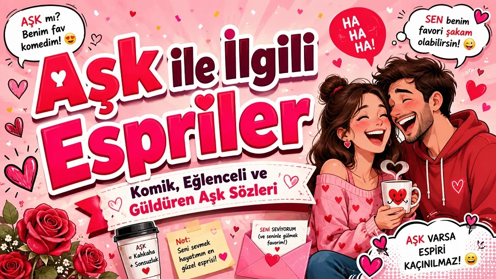 Pembe tonlarda hazırlanmış kapak görselinde, gülen çift illüstrasyonu, kalp ikonları, konuşma balonları ve “Aşk ile İlgili Espriler” başlığı yer alıyor.