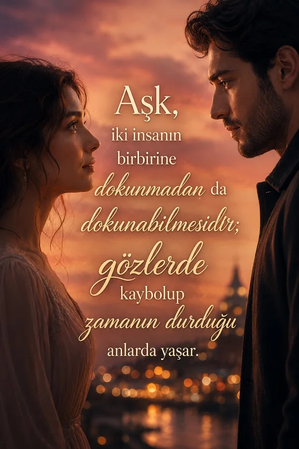 Gün batımında birbirine bakan bir kadın ve erkeğin yer aldığı görselde “Aşk, iki insanın birbirine dokunmadan da dokunabilmesidir; gözlerde kaybolup zamanın durduğu anlarda yaşar.” sözü yazıyor.