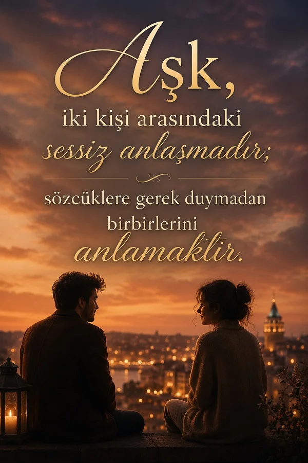 Şehir manzarasına karşı oturan bir kadın ve erkeğin bulunduğu görselde “Aşk, iki kişi arasındaki sessiz anlaşmadır; sözcüklere gerek duymadan birbirlerini anlamaktır.” sözü yer alıyor.