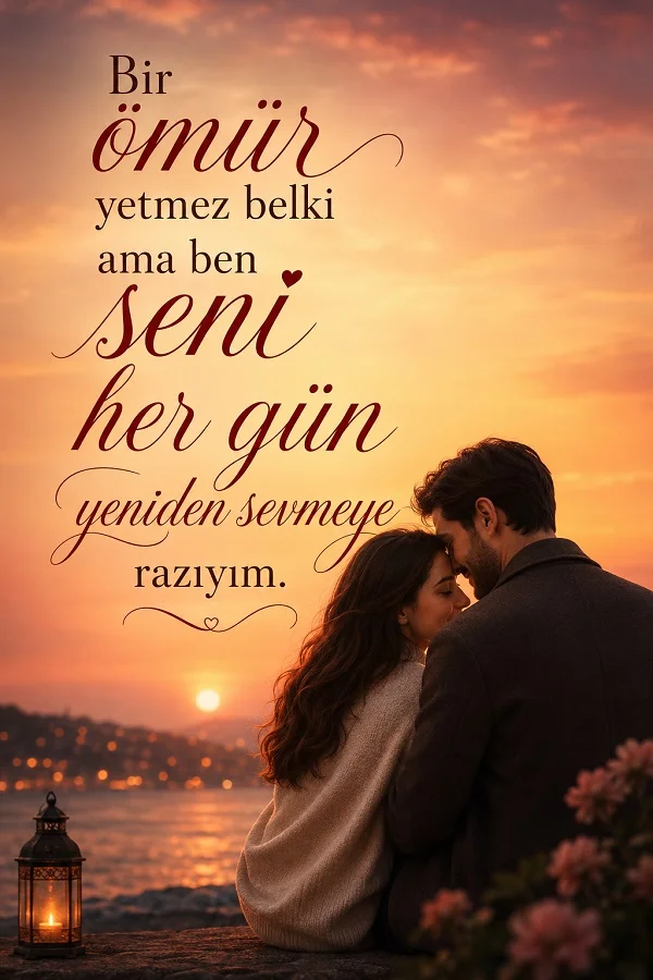 Gün batımında birbirine sarılmış bir çiftin bulunduğu görselde “Bir ömür yetmez belki ama ben seni her gün yeniden sevmeye razıyım.” sözü yer alıyor.
