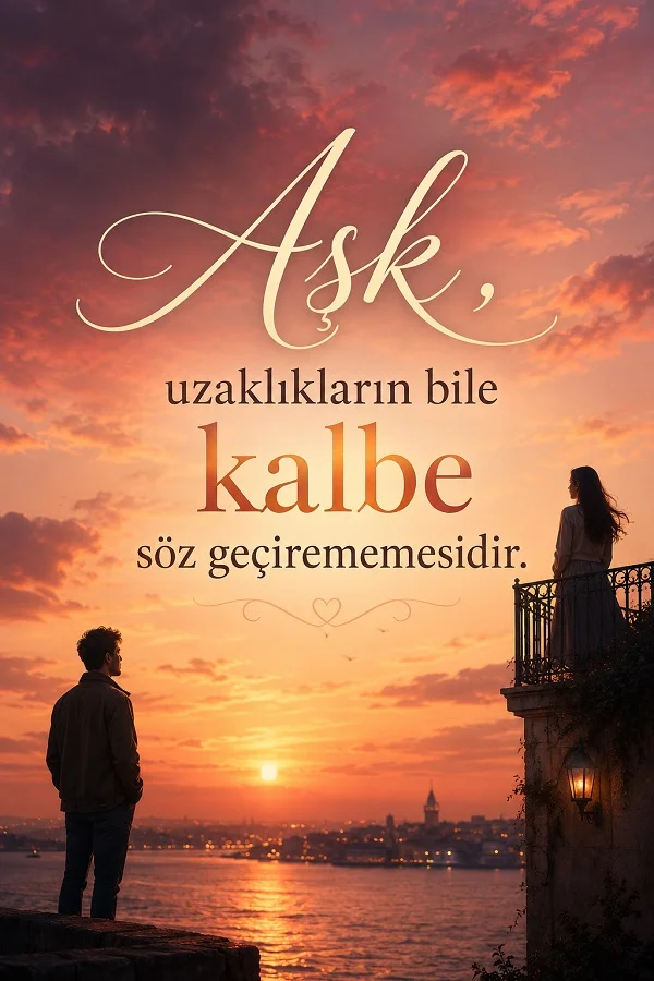 Gün batımında biri balkonda biri kıyıda duran iki kişinin yer aldığı görselde “Aşk, uzaklıkların bile kalbe söz geçirememesidir.” sözü yazıyor.