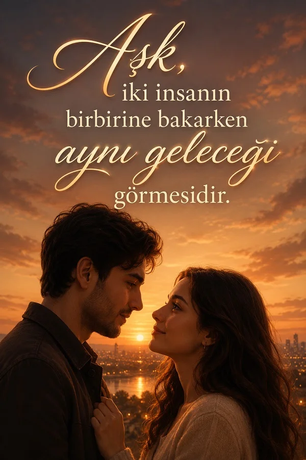Gün batımında birbirine sevgiyle bakan bir kadın ve erkeğin bulunduğu görselde “Aşk, iki insanın birbirine bakarken aynı geleceği görmesidir.” sözü yer alıyor.