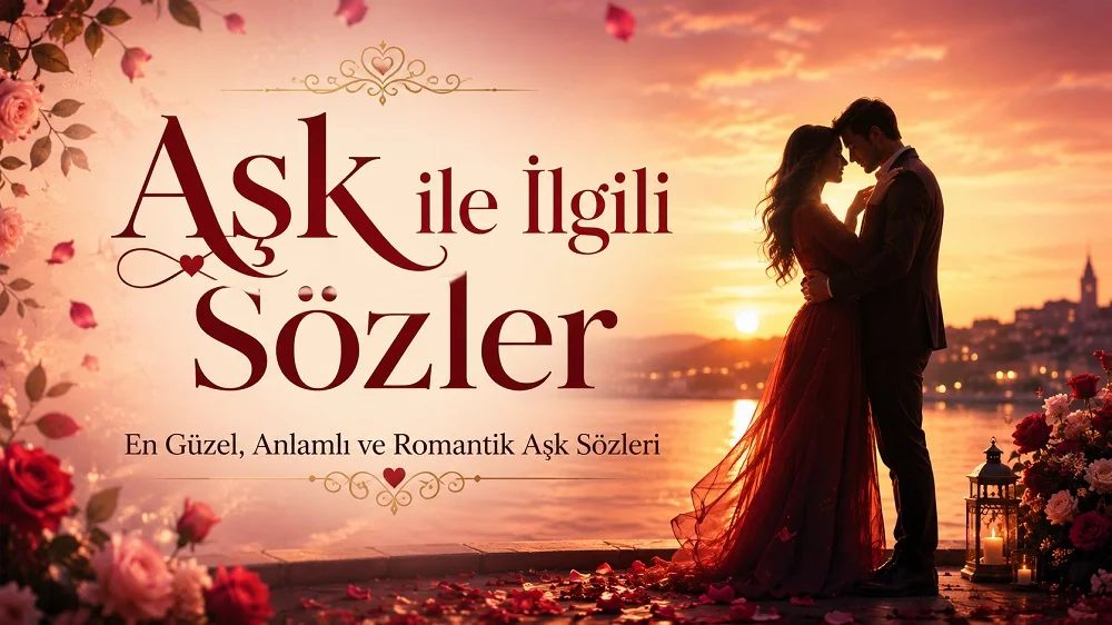 Gün batımında deniz kenarında birbirine sarılan romantik çift, güller ve üzerinde Aşk ile İlgili Sözler başlığı bulunan kapak görseli.