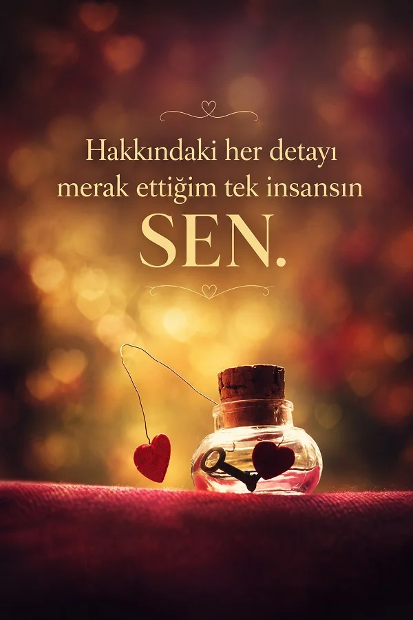 Işıklı fonda kalp ve anahtar bulunan küçük şişe ile “Hakkındaki her detayı merak ettiğim tek insansın sen.” sözü.