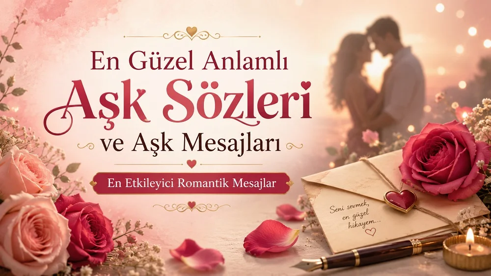 En güzel anlamlı aşk sözleri ve romantik aşk mesajları için güller, aşk mektubu ve romantik çift silüetiyle hazırlanmış kapak görseli.