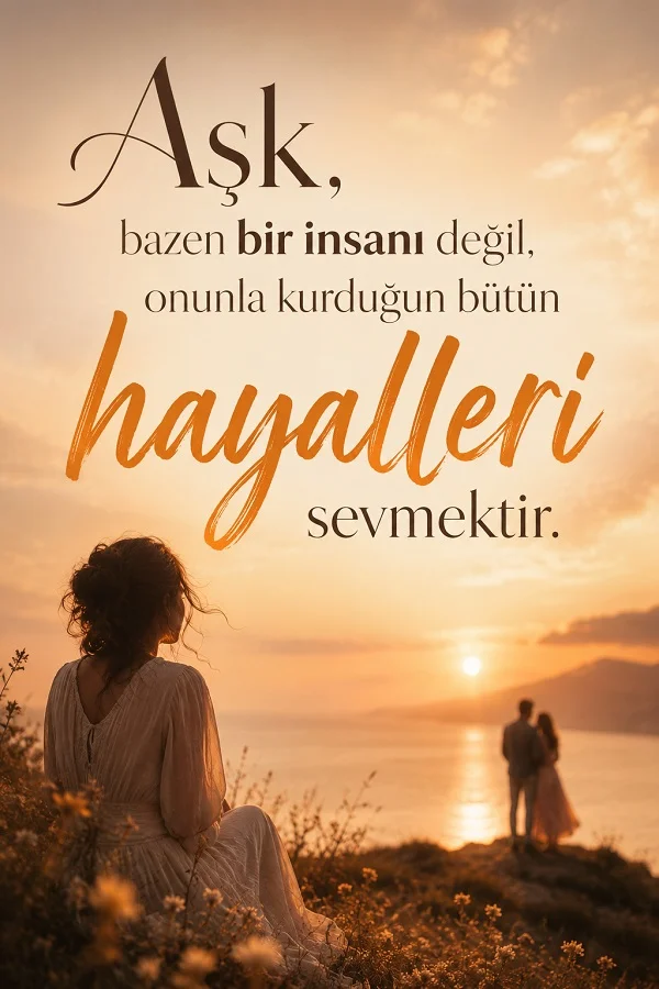 Gün batımında deniz kenarında oturan kadın ve uzakta duran çift eşliğinde, aşkın onunla kurulan hayalleri sevmek olduğunu anlatan romantik söz.